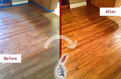 Sir Grout Refinished This Dull Prosper Wood Floor with a Sand Free Refinishing Service to Recover Its Sheen Before and After Picture of a Prosper Wood Sand Free Refinishing Service on a Dull Floor to Recover Its Sheen
