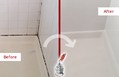 Picture of a White Shower with Moldy Grout and Caulking Before and After a Tile Recaulking Service