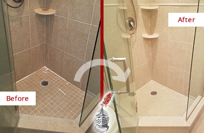 Picture of a Tan Tile Shower with Caulking Peeling Off Before and After a Tile Recaulking Service