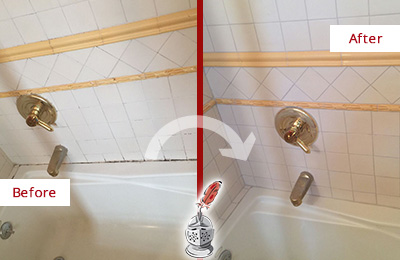 Before and After Picture of Tub Caulking on a Shower with Mold and Mildew