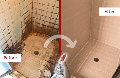 Before and After Picture of a Bathroom Grout Caulking Service