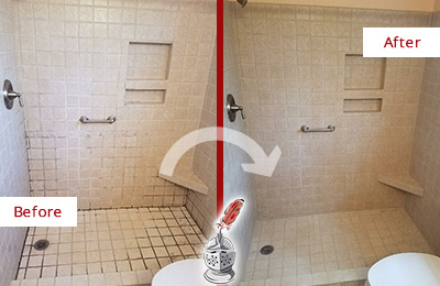 Before and After Picture of a Bathroom Grout Sealing on a Porcelain Tile Shower