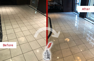 Sir Grout Dallas Fort Worth Stone Services Help Maintain, Clean, and Polish Building Lobbies and Commercial Offices Stone Surfaces Picture of a Building Marble Entrance Floor Before and After Stone Restoration, Cleaning and Polishing