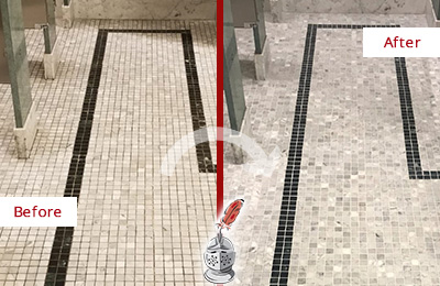 Sir Grout Dallas Fort Worth Stone Cleaning Services Can Help Repair the Look of this Grimy Hospital's Restroom Before and After Picture of a Hospital Travertine Bathroom Floor Stone Cleaning Service