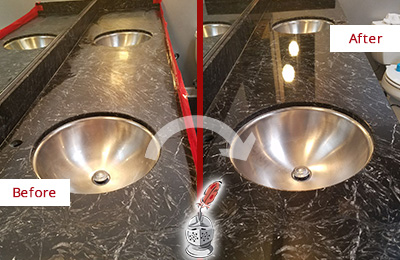 Sir Grout Dallas Fort Worth Stone Services Are Ideal for Enhancing Restrooms Marble Countertops and Keep Them Perfect All Year Round Picture of an Office Restroom's Marble Countertop Before and After Color Enhancement and Restoration