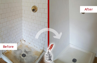 Sir Grout Cleans this Lake Worth Shower Tile and Grout to Remove Soap Scum Before and After Picture of a Lake Worth Shower Tile and Grout Cleaned to Remove Soap Scum