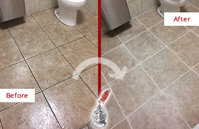 Sir Grout Cleans this Lake Worth Restroom Tile and Grout to Remove Soil Before and After Picture of a Lake Worth Restroom Tile and Grout Cleaned to Remove Soil