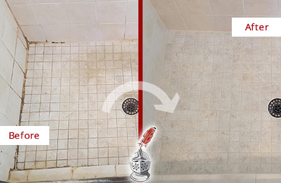 Before and After Picture of a Roanoke Shower Caulked to Fix Cracks