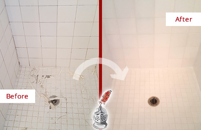 Sir Grout Caulks this Leonard Bathroom Re-Caulked To Repair Damaged Caulking Before and After Picture of a Leonard Bathroom Re-Caulked To Repair Damaged Caulking