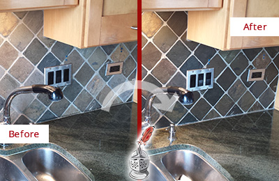 Sir Grout Caulks this Leonard Backsplash Caulked to Fix and Prevent Water Leaks Before and After Picture of a Leonard Backsplash Caulked to Fix and Prevent Water Leaks