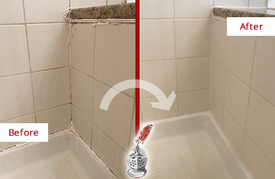 Sir Grout Caulks this Leonard Shower Caulked to Repair Damaged Caulking Before and After Picture of a Leonard Shower Caulked to Repair Damaged Caulking