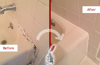 Before and After Picture of a Ponder Bathroom Sink Caulked to Fix a DIY Proyect Gone Wrong