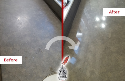 Before and After Picture of a Dull Rhome Limestone Countertop Polished to Recover Its Color