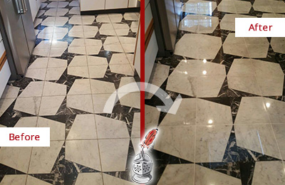 Sir Grout Polishes this Dull Allen Marble Stone Floor To Recover Its Luster Before and After Picture of a Dull Allen Marble Stone Floor Polished To Recover Its Luster