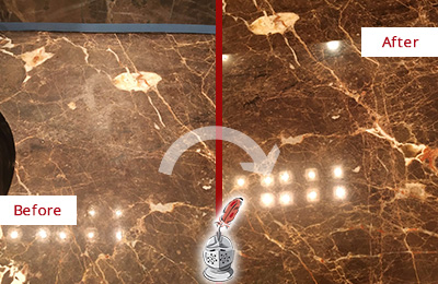 Before and After Picture of a Grapevine Marble Stone Countertop Polished to Eliminate Stains