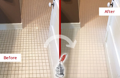 Before and After Picture of a Leonard Bathroom Floor Sealed to Protect Against Liquids and Foot Traffic