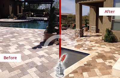 Sir Grout Seals this Faded Coppell Travertine Pool Deck For Extra Protection Before and After Picture of a Faded Coppell Travertine Pool Deck Sealed For Extra Protection