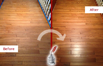 Sir Grout Restored This Dull Fairview Hallway Floor with a Deep Cleaning Service Before and After Picture of a Fairview Wood Deep Cleaning Service on a Dull Hallway