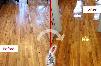 Sir Grout Restored This Worn Out Fairview Hallway Floor with a Deep Cleaning Service Before and After Picture of a Fairview Wood Deep Cleaning Service on a Worn Out Hallway