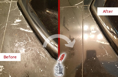 Before and After Picture of a Watauga Marble Countertop Cleaned to Remove Deep Dirt