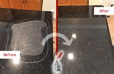 Before and After Picture of a River Oaks Granite Kitchen Countertop Honed to Eliminate Scratch
