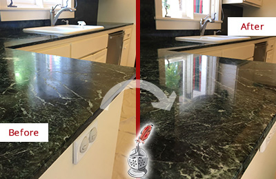 Sir Grout Hones this Richardson Marble Kitchen Countertop to Remove Water Marks Before and After Picture of a Richardson Marble Kitchen Countertop Honed to Remove Water Marks