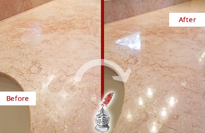 Sir Grout Hones this Richardson Marble Vanity Top to Eliminate Water Spots Before and After Picture of a Richardson Marble Vanity Top Honed to Eliminate Water Spots