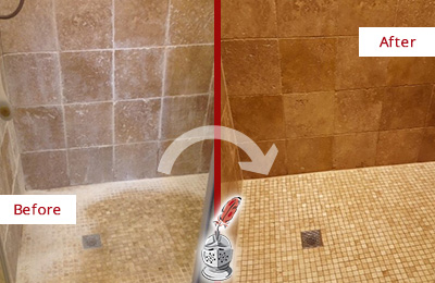 Before and After Picture of a Grapevine Travertine Shower Honed to Remove Mineral Deposits