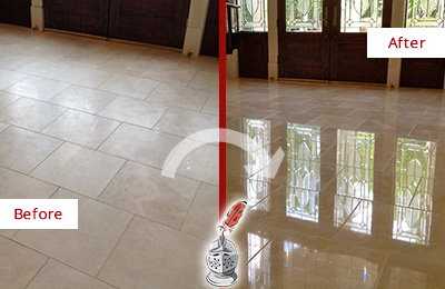 Sir Grout Restored This Carrollton Dull Travertine Floor to Recover Its Splendor with a Stone Polishing Service Before and After Picture of a Carrollton Hard Surface Restoration Service on a Dull Travertine Floor Polished to Recover Its Splendor
