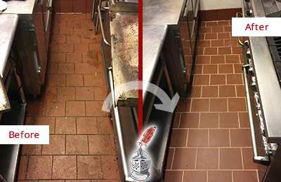 Before and After Picture of a Pilot Point Hard Surface Restoration Service on a Restaurant Kitchen Floor to Eliminate Soil and Grease Build-Up