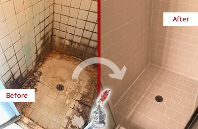 Sir Grout Restored This Carrollton Tile Bathroom to Repair Water Damage Before and After Picture of a Carrollton Hard Surface Restoration Service on a Tile Bathroom to Repair Water Damage