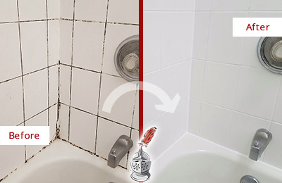 Before and After Picture of a White Settlement Tub Grout Cleaned to Eliminate Mold