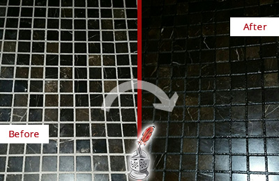Sir Grout Recolored the Grout of this Krum Black Tile Floor Before and After Picture of a Krum Black Floor with Recolored Grout