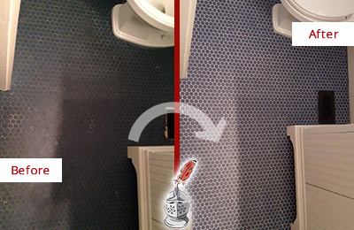 Sir Grout Recolors the Grout on this Krum Blue Tile Floor Before and After Picture of a Krum Blue Tile Floor Recolored Grout