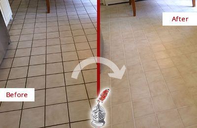 Before and After Picture of a Rhome Kitchen Tile Floor with Recolored Grout