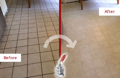 Sir Grout Recolors this Krum Kitchen Tile Floor's Grout Before and After Picture of a Krum Kitchen Tile Floor with Recolored Grout