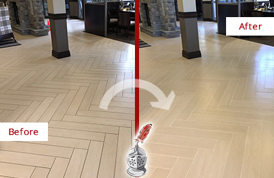 Before and After Picture of a McKinney Office Lobby Floor Recolored Grout