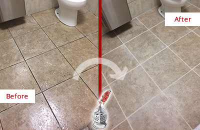 Before and After Picture of a Aubrey Office Restroom Floor Recolored Grout