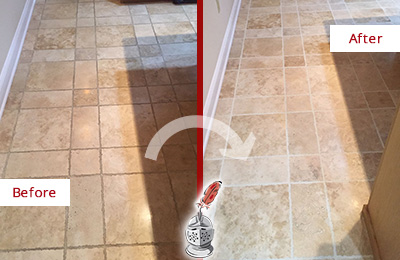 Before and After Picture of a Aubrey Travertine Kitchen Floor Recolored Grout