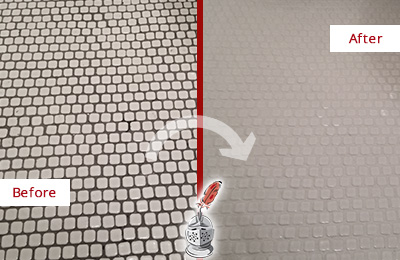 Before and After Picture of a Glenn Heights White Mosaic Tile Recolored Grout