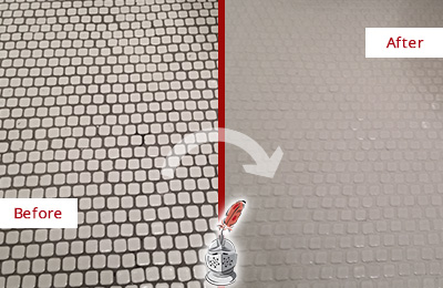 Sir Grout Recolors the Grout of this Krum White Mosaic Tile Before and After Picture of a Krum White Mosaic Tile Recolored Grout