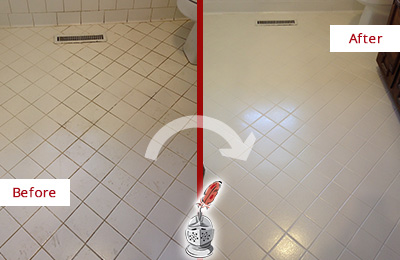 Sir Grout Seals the Grout of this Lewisville White Bathroom Floor for Extra Protection Before and After Picture of a Lewisville White Bathroom Floor Grout Sealed for Extra Protection