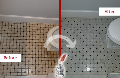 Before and After Picture of a Rockwall Bathroom Floor Cleaned to Remove Embedded Dirt