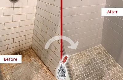 Before and After Picture of a Justin Ceramic Shower Cleaned to Eliminate Rust Stains